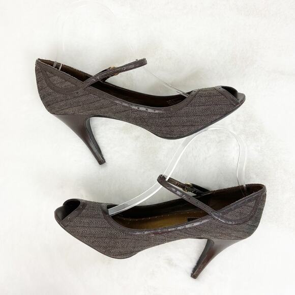 Vintage Connie Womens Heels Fabric Leather Materialistic Peep Toe Brown 8.5M - Picture 4 of 9